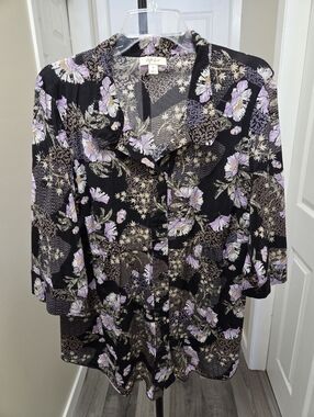 Style & Co. Plus Size Black Button-Front Floral Top